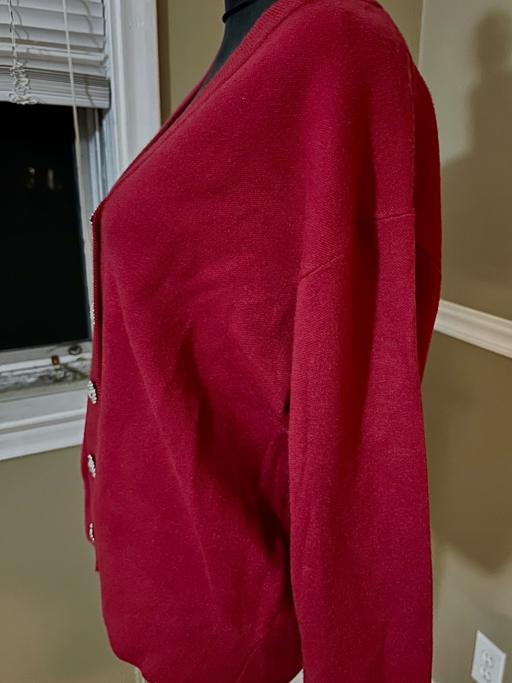 Tahari Red V-Neck Cardigan with Rhinestone Buttons - Picture 6 of 7